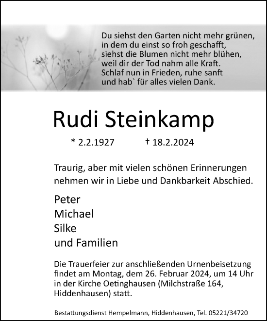Traueranzeige von Rudi Steinkamp von Neue Westfälische