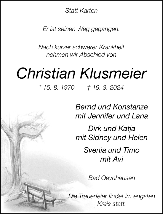 Traueranzeige von Christian Klusmeier