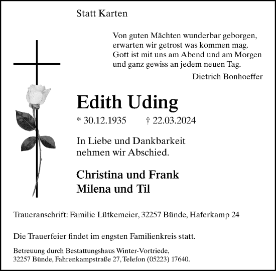 Traueranzeige von Edith Uding von Neue Westfälische
