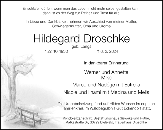 Traueranzeige von Hildegard Droschke von Neue Westfälische