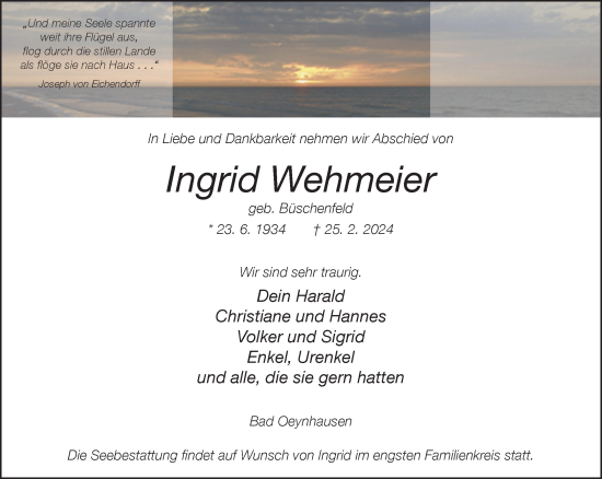 Traueranzeige von Ingrid Wehmeier von Neue Westfälische