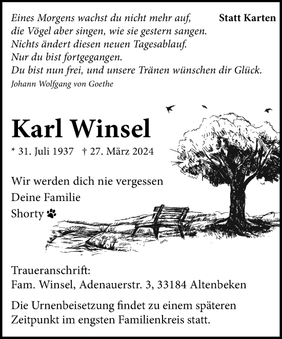 Traueranzeige von Karl Winsel von Neue Westfälische