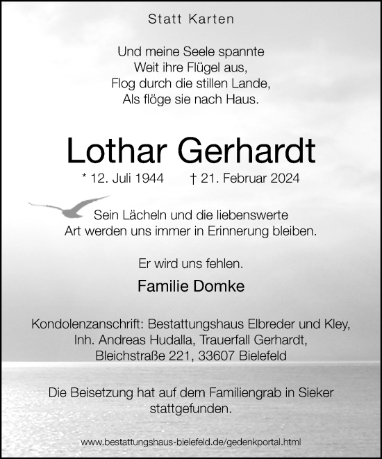 Traueranzeige von Lothar Gerhardt von Neue Westfälische