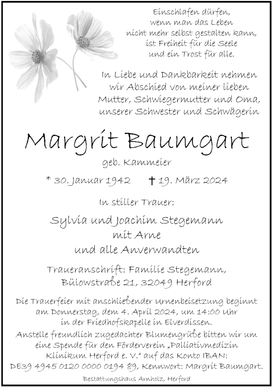 Traueranzeige von Margrit Baumgart von Neue Westfälische