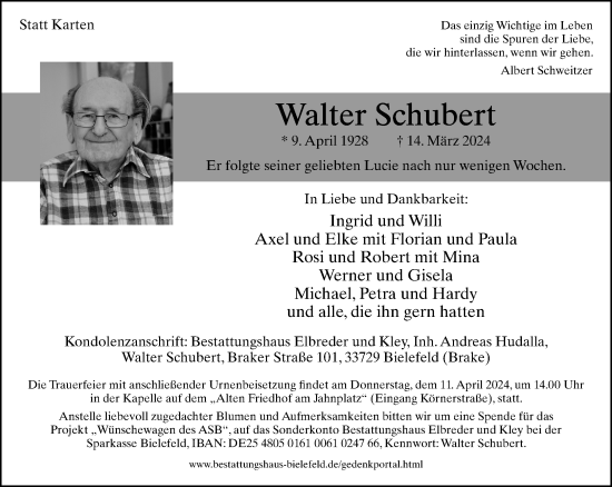 Traueranzeige von Walter Schubert von Neue Westfälische