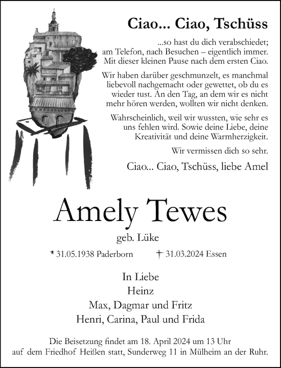 Traueranzeige von Amely Tewes von Neue Westfälische