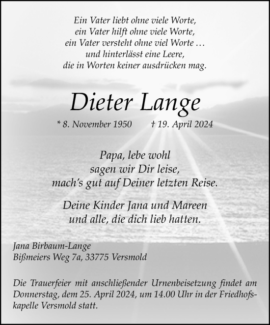 Traueranzeige von Dieter Lange von Neue Westfälische
