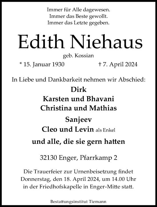 Traueranzeige von Edith Niehaus von Neue Westfälische