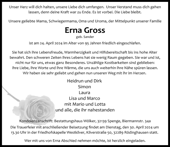 Traueranzeige von Erna Gross von Neue Westfälische