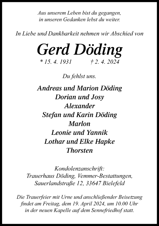 Traueranzeige von Gerd Döding