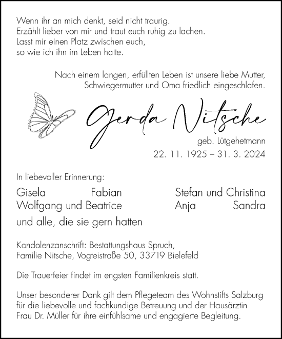 Traueranzeige von Gerda Nitsche von Neue Westfälische