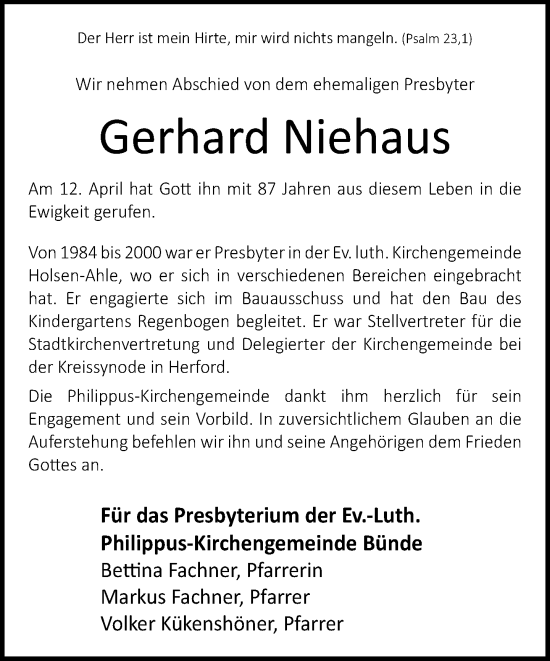 Traueranzeige von Gerhard Niehaus von Neue Westfälische