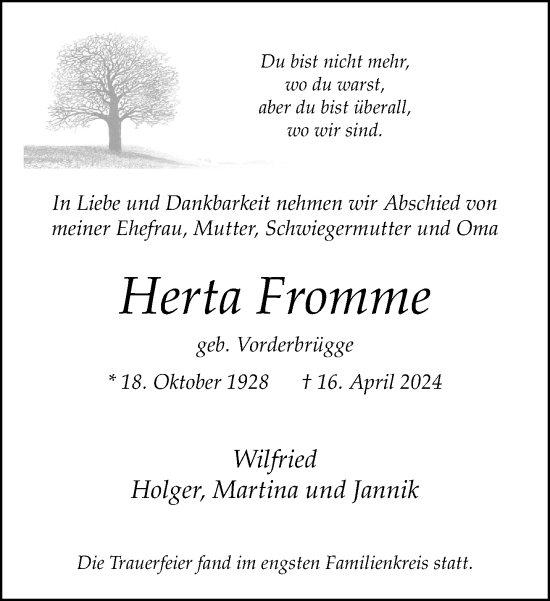Traueranzeige von Herta Fromme von Neue Westfälische