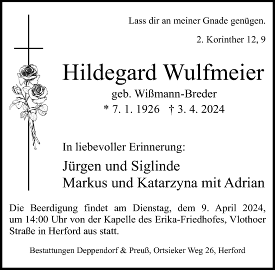 Traueranzeige von Hildegard Wulfmeier von Neue Westfälische