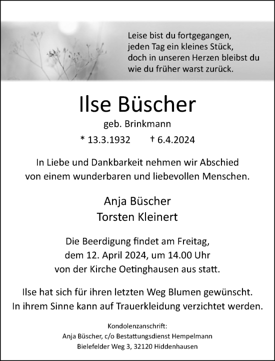 Traueranzeige von Ilse Büscher