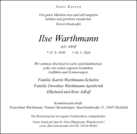 Traueranzeige von Ilse Warthmann