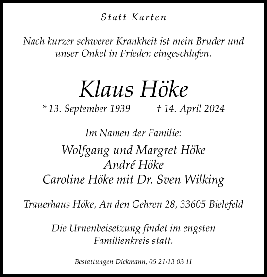 Traueranzeige von Klaus Höke von Neue Westfälische