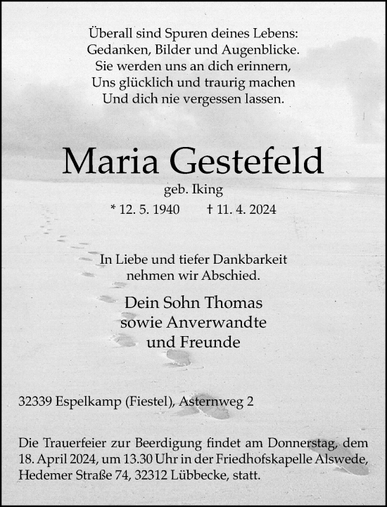 Traueranzeige von Maria Gestefeld von Neue Westfälische
