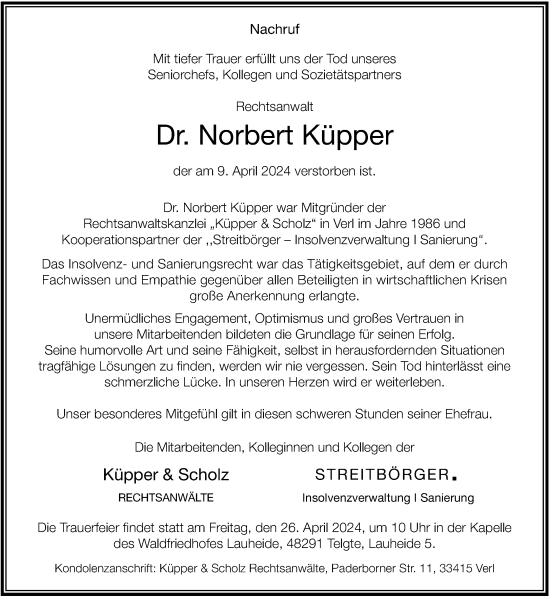 Traueranzeige von Norbert Küpper von Neue Westfälische