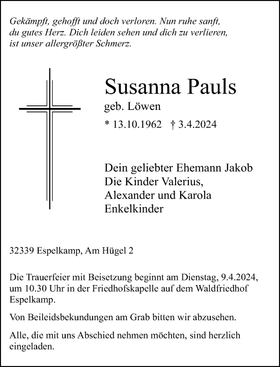 Traueranzeige von Susanna Pauls von Neue Westfälische