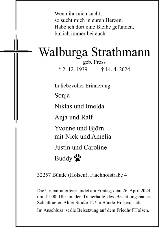 Traueranzeige von Walburga Strathmann von Neue Westfälische