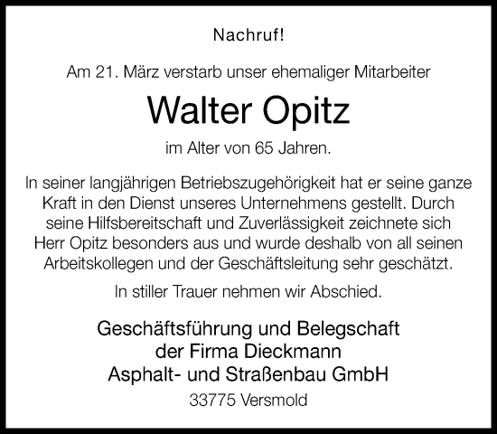 Traueranzeige von Walter Opitz von Neue Westfälische
