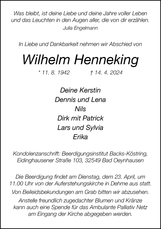 Traueranzeige von Wilhelm Henneking