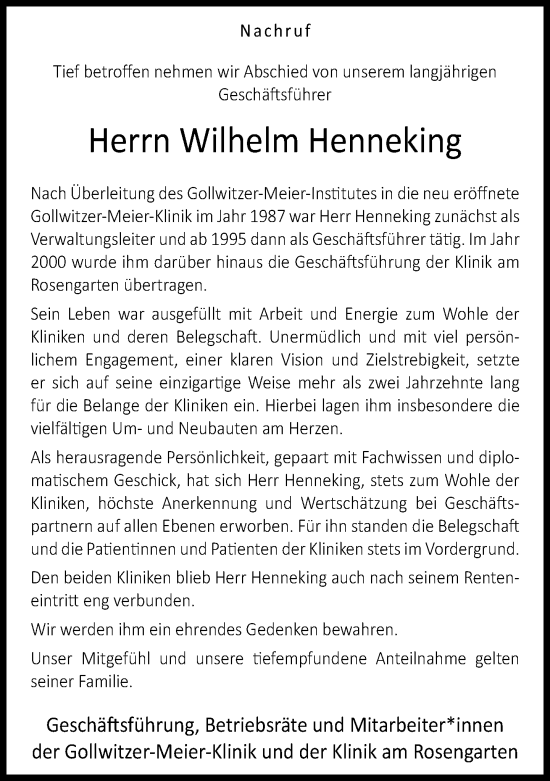 Traueranzeige von Wilhelm Henneking von Neue Westfälische