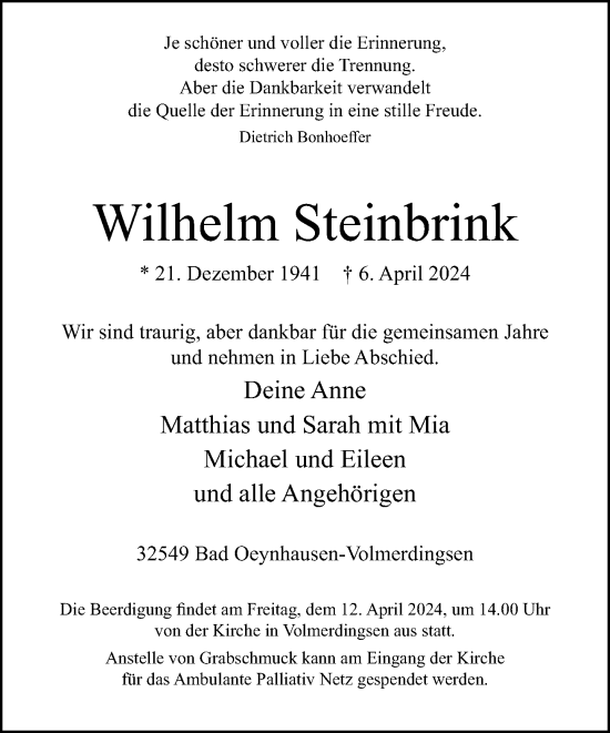 Traueranzeige von Wilhelm Steinbrink von Neue Westfälische