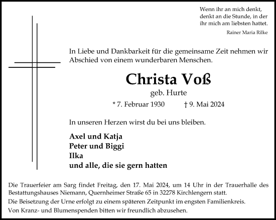Traueranzeige von Christa Voß von Neue Westfälische
