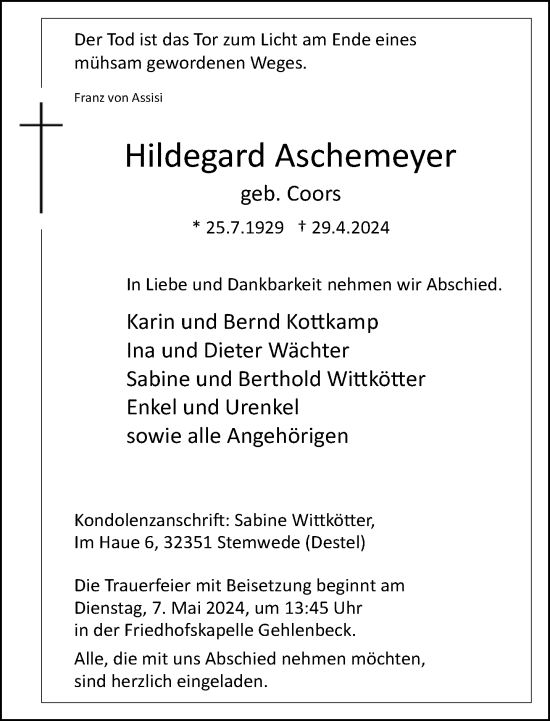 Traueranzeige von Hildegard Aschemeyer von Neue Westfälische